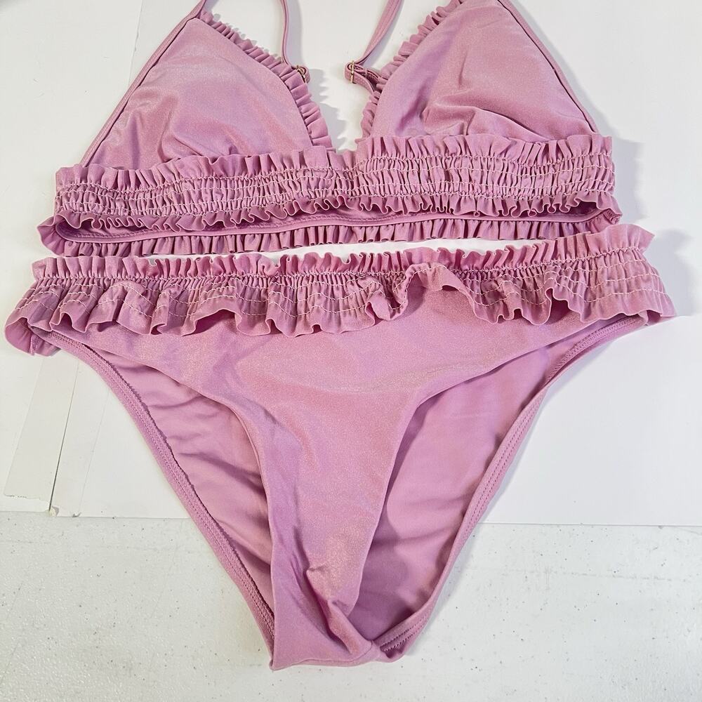 Chelsea And Violet Pink Smocked Ruched Ruffle Bikini Large - Picture 4 of 7